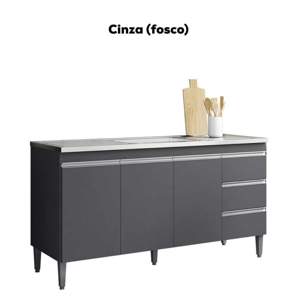 Balcão Pia Sem Tampo 3 Portas 3 Gavetas 145 Cm Andreia Cinza Reajl Moveis - 4