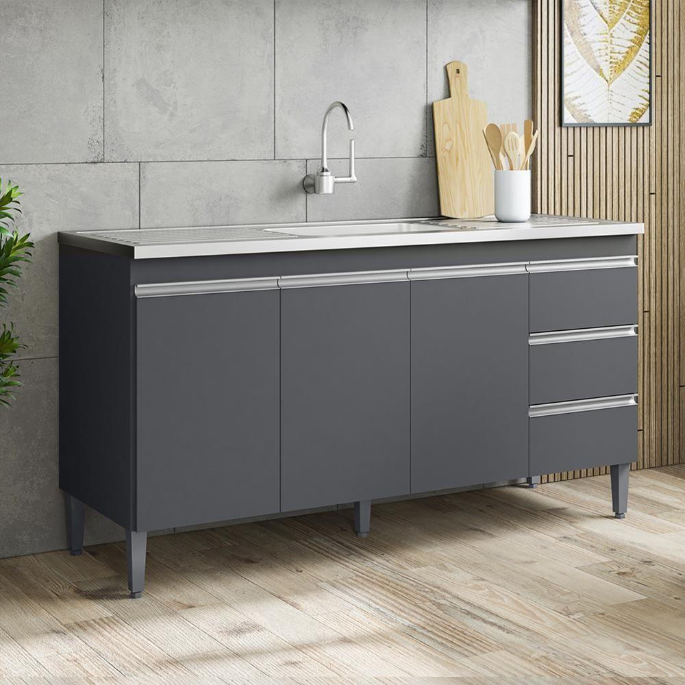 Balcão Pia Sem Tampo 3 Portas 3 Gavetas 145 Cm Andreia Cinza Reajl Moveis - 7