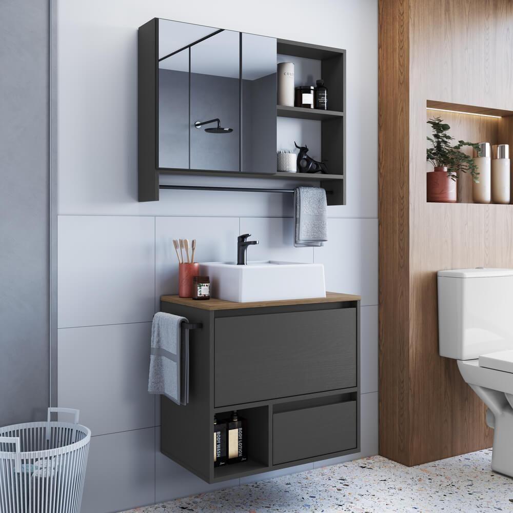 Conjunto Armario E Gabinete Com Cuba 60cm Mel Grafite Proddy - 2