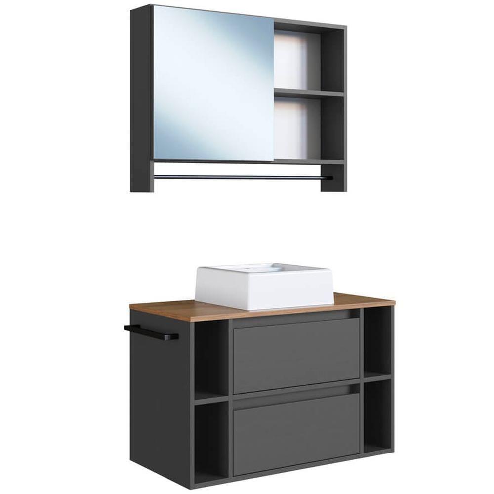 Espelheira E Gabinete Suspenso Com Cuba 80cm Mel Grafite Proddy - 1