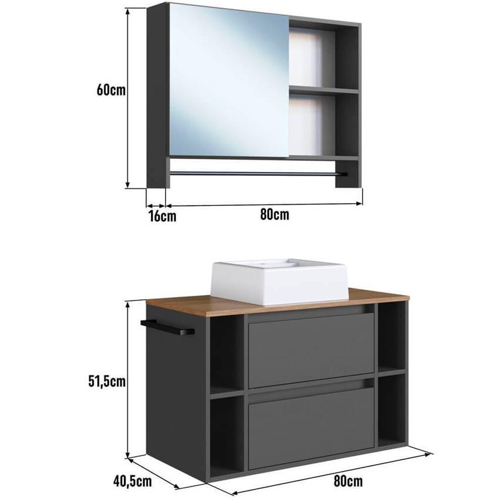 Espelheira E Gabinete Suspenso Com Cuba 80cm Mel Grafite Proddy - 3