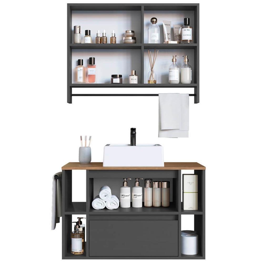 Espelheira E Gabinete Suspenso Com Cuba 80cm Mel Grafite Proddy - 6