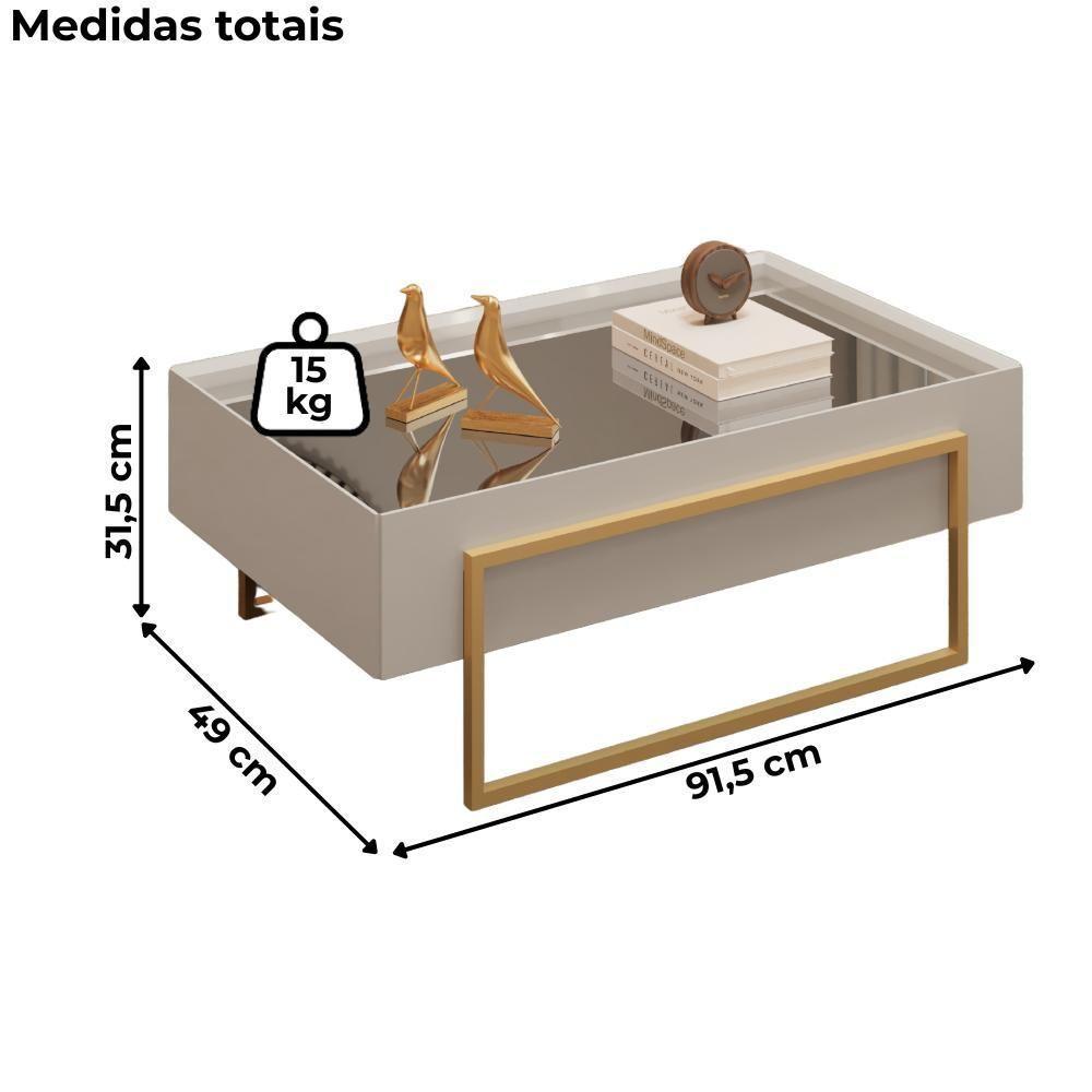 Mesa Centro Espelhada 92 Cm Pes Metal Kika Bali Dourado Dj Moveis - 3