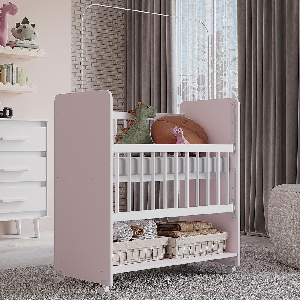 Mini Berço Grade Movel 89 Cm Outside Branco Rosa Mobbs - 2