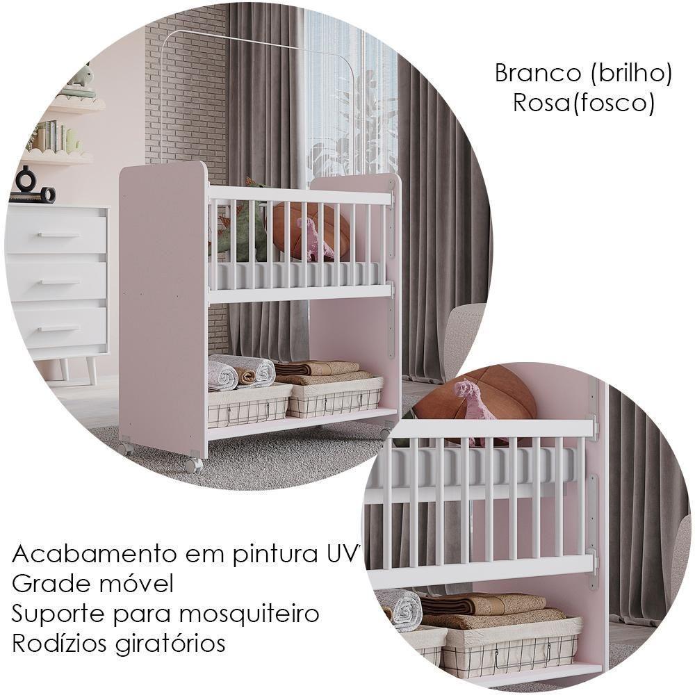 Mini Berço Grade Movel 89 Cm Outside Branco Rosa Mobbs - 4