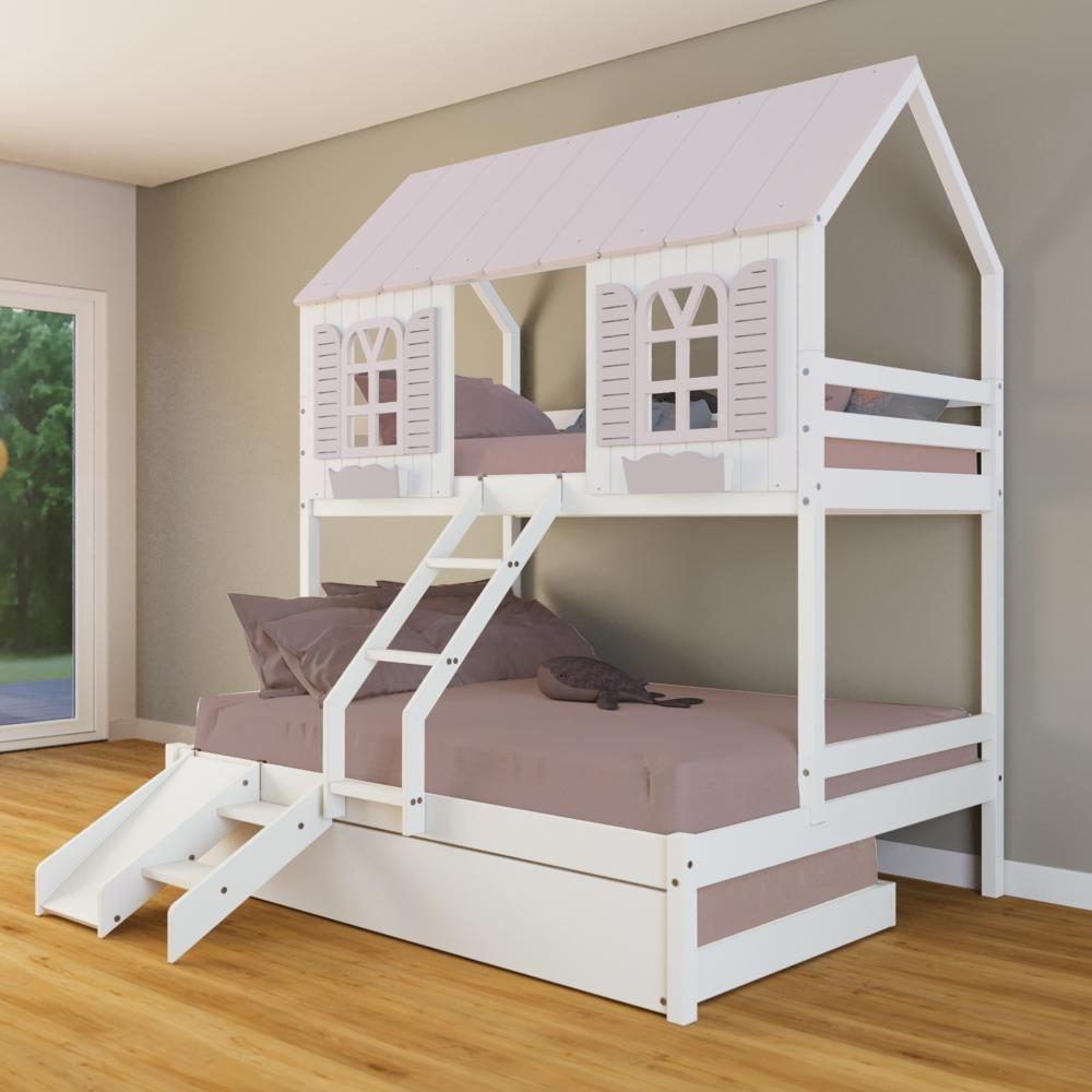 Treliche Casal/ Solteiro Casinha Bela Com Kit Escada/escorregador - Madeira Maciça Branco/rosa Housin - 1