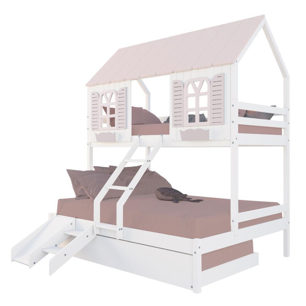 Treliche Casal/ Solteiro Casinha Bela Com Kit Escada/escorregador - Madeira Maciça Branco/rosa Housin - 4