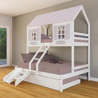 Treliche Casal/ Solteiro Casinha Bela Com Kit Escada/escorregador - Madeira Maciça Branco/rosa Housin - 1