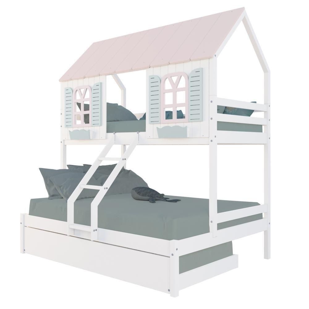 Treliche Casal/ Solteiro Casinha Bela - Madeira Maciça Branco/rosa/verde Housin - 2