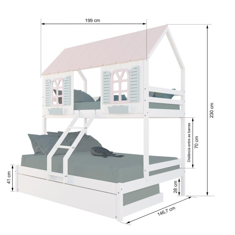 Treliche Casal/ Solteiro Casinha Bela - Madeira Maciça Branco/rosa/verde Housin - 3