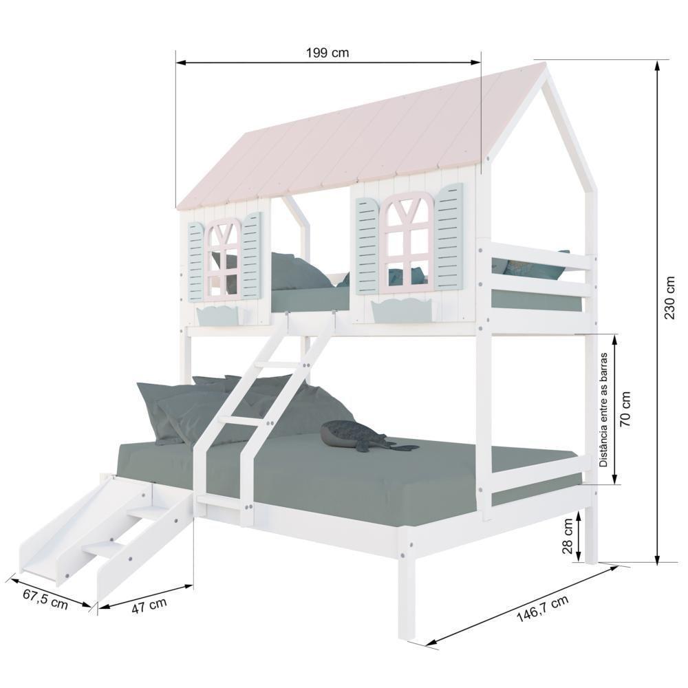 Beliche Casal/ Solteiro Casinha Bela Com Kit Escada/escorregador - Madeira Maciça Branco/rosa/verde Housin - 3