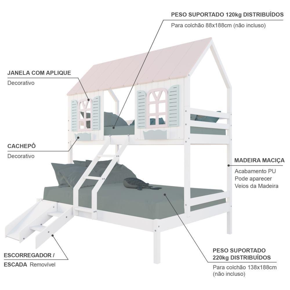 Beliche Casal/ Solteiro Casinha Bela Com Kit Escada/escorregador - Madeira Maciça Branco/rosa/verde Housin - 4