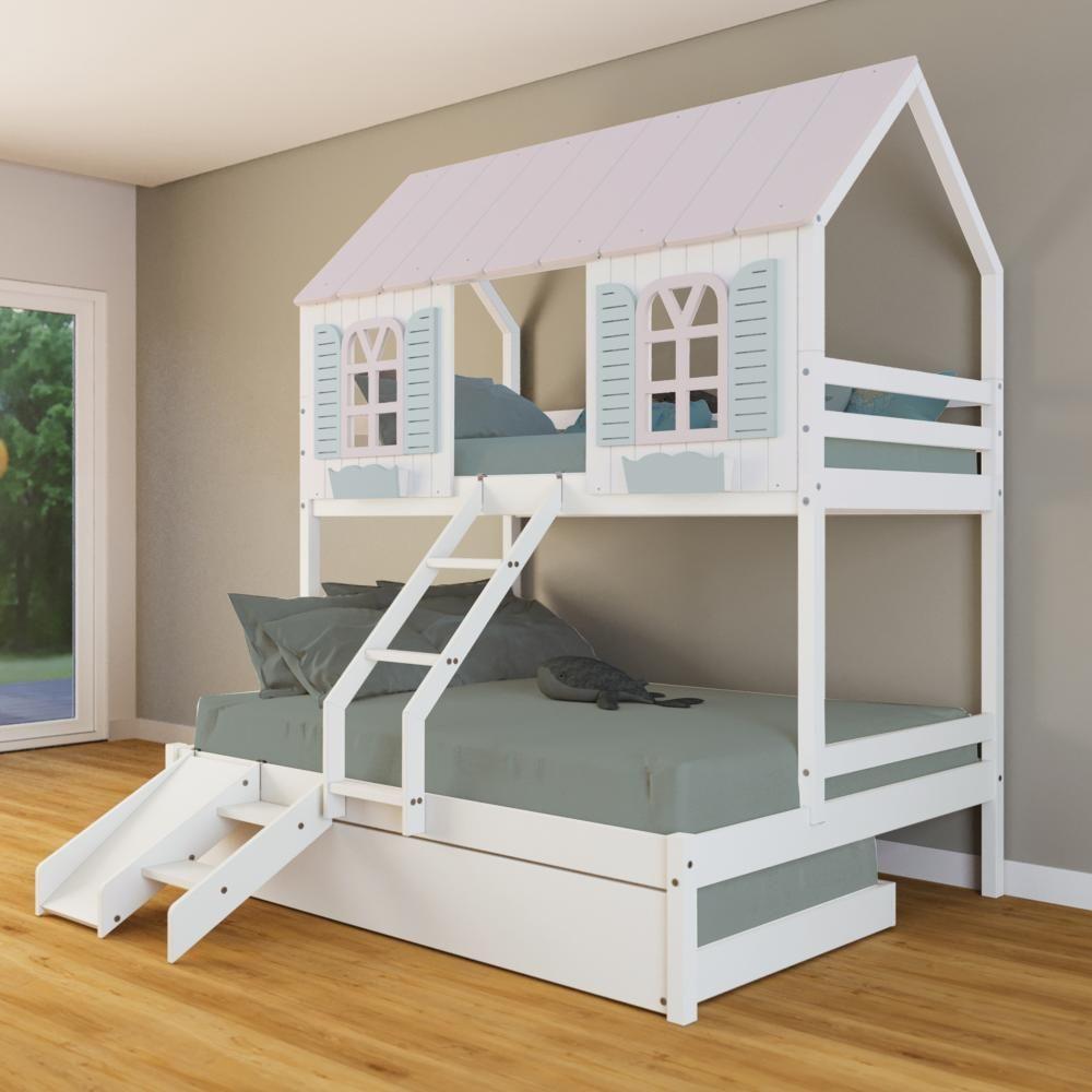 Treliche Casal/ Solteiro Casinha Bela Com Kit Escada/escorregador - Madeira Maciça Branco/rosa/verde Housin - 1