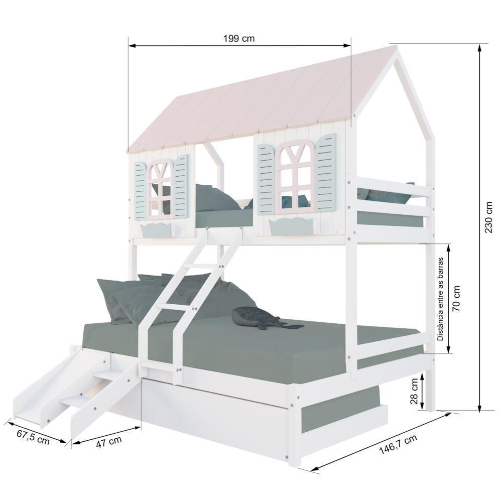 Treliche Casal/ Solteiro Casinha Bela Com Kit Escada/escorregador - Madeira Maciça Branco/rosa/verde Housin - 3