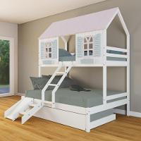 Treliche Casal/ Solteiro Casinha Bela Com Kit Escada/escorregador - Madeira Maciça Branco/rosa/verde Housin - 1