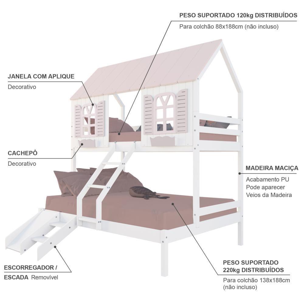 Beliche Casal/ Solteiro Casinha Bela Com Kit Escada/escorregador - Madeira Maciça Branco/rosa Housin - 4