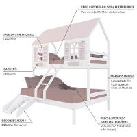 Beliche Casal/ Solteiro Casinha Bela Com Kit Escada/escorregador - Madeira Maciça Branco/rosa Housin