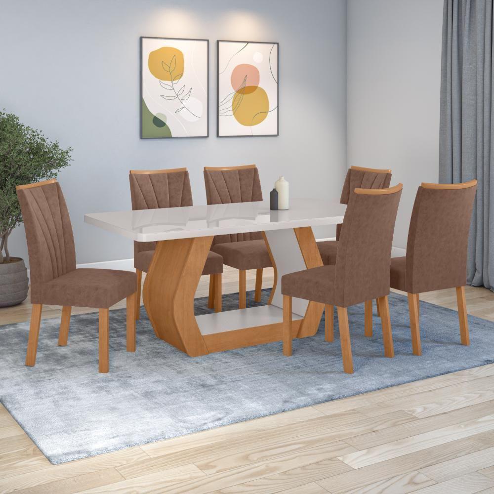 Conjunto Sala De Jantar Mesa Easy Tower 170x90cm Mdf/vidro Com 6 Cadeiras Confort Couro Avelã Amendoa/off White - 1