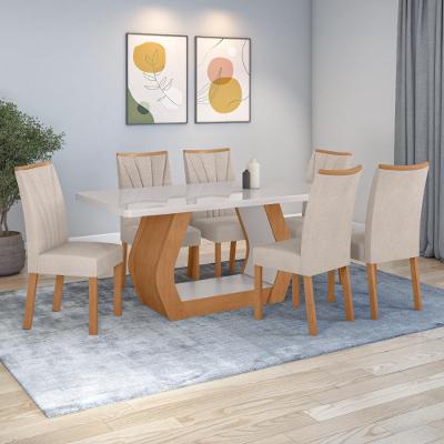 Conjunto de Jantar Easy Tower 6 Lugares Tampo em MDF com Vidro Boucle Bege Amendoa Off White