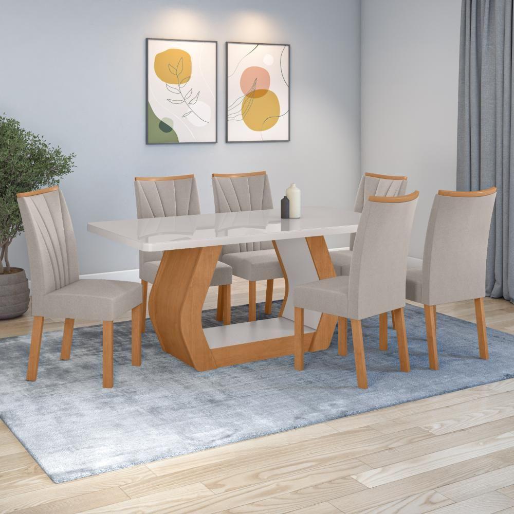 Conjunto Sala De Jantar Mesa Easy Tower 170x90cm Mdf/vidro Com 6 Cadeiras Confort Veludo Amendoa/off White - 1