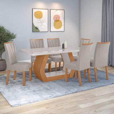 Conjunto Sala De Jantar Mesa Easy Tower 170x90cm Mdf/vidro Com 6 Cadeiras Confort Veludo Amendoa/off White