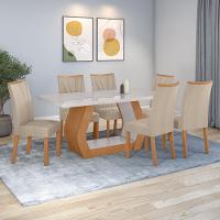 Conjunto Sala De Jantar Mesa Easy Tower 170x90cm Mdf/vidro Com 6 Cadeiras Confort Linho Bege Amendoa/off White - 1