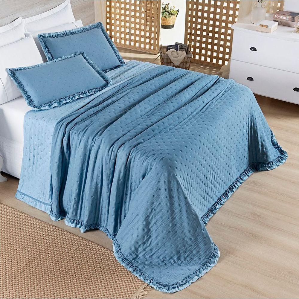 Cobre Leito King Micropercal 200 Fios Com Babado Malvinni Azul - 3 Peças - 2