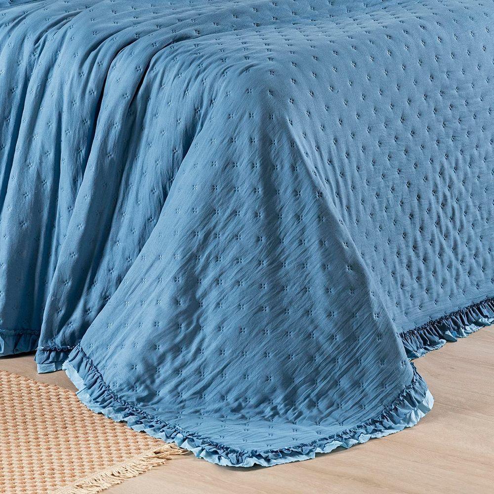 Cobre Leito King Micropercal 200 Fios Com Babado Malvinni Azul - 3 Peças - 3