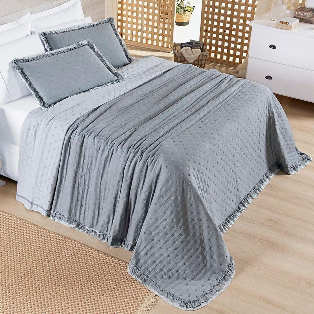 Cobre Leito King Micropercal 200 Fios Com Babado Malvinni Cinza - 3 Peças - 3