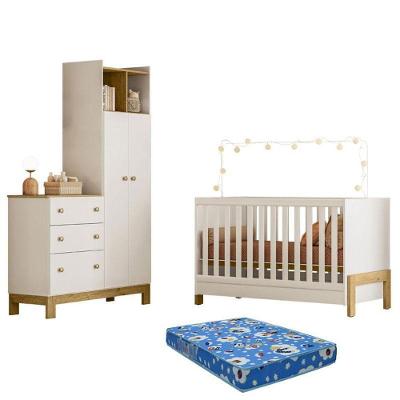Berço Americano Mini Cama 4300 Fantasia E Guarda Roupa Com Cômoda 4970 Q Encanto Slim Branco Acetinado Com Colchão