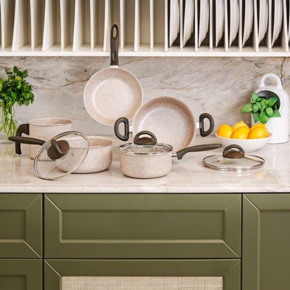 Conjunto De Panelas De Alumínio Antiaderente Com 5 Peças Ceramic Life Suprema Vanilla - 7244-100 - - Brinox - 2