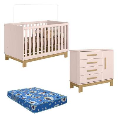 Berço Americano 4315 E Cômoda Sapateira 4355 Q Encanto Slim Rosa Acetinado Com Colchão Tend Tudo – Qmovi