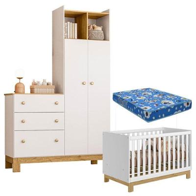 Conjunto Berço Americano Mini Cama e Guarda Roupa Q Encanto Slim MDP com Colchão Incluso Branco