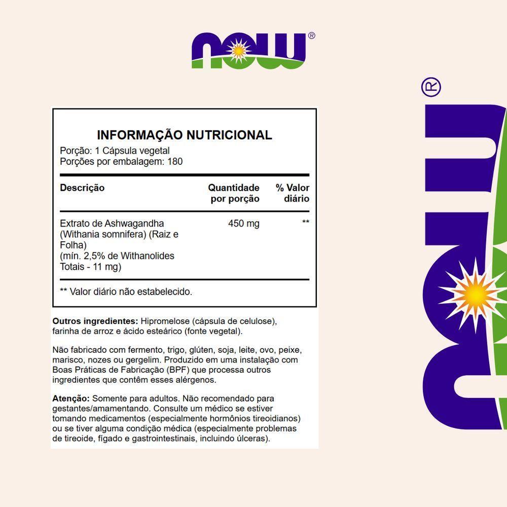 Ashwagandha 450mg 180 Cápsulas Now Foods - 3