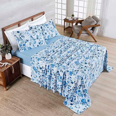 Jogo Cama Lençol Belle Casal Padrão 400 Fios Estampado 4 Peças Florido Azul