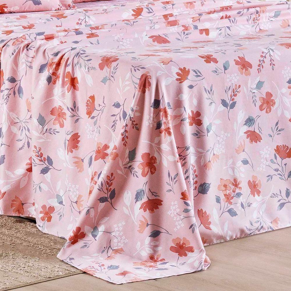 Jogo Cama Lençol Belle King 400 Fios Estampado 4 Peças Floral Rosê - 4