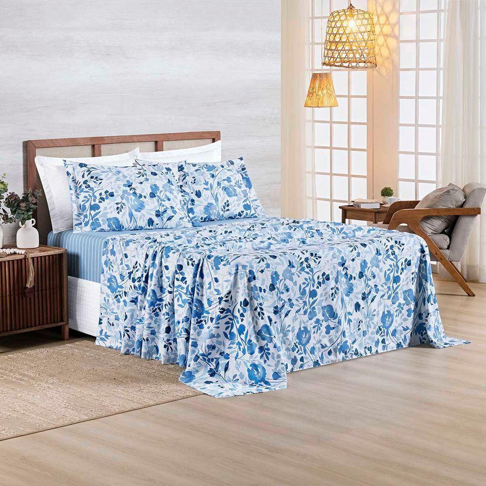 Jogo Cama Lençol Belle Queen 400 Fios Estampado 4 Peças Florido Azul - 2