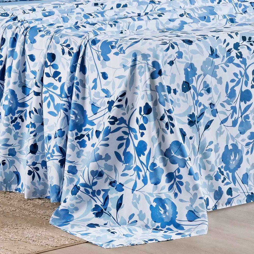 Jogo Cama Lençol Belle Queen 400 Fios Estampado 4 Peças Florido Azul - 4