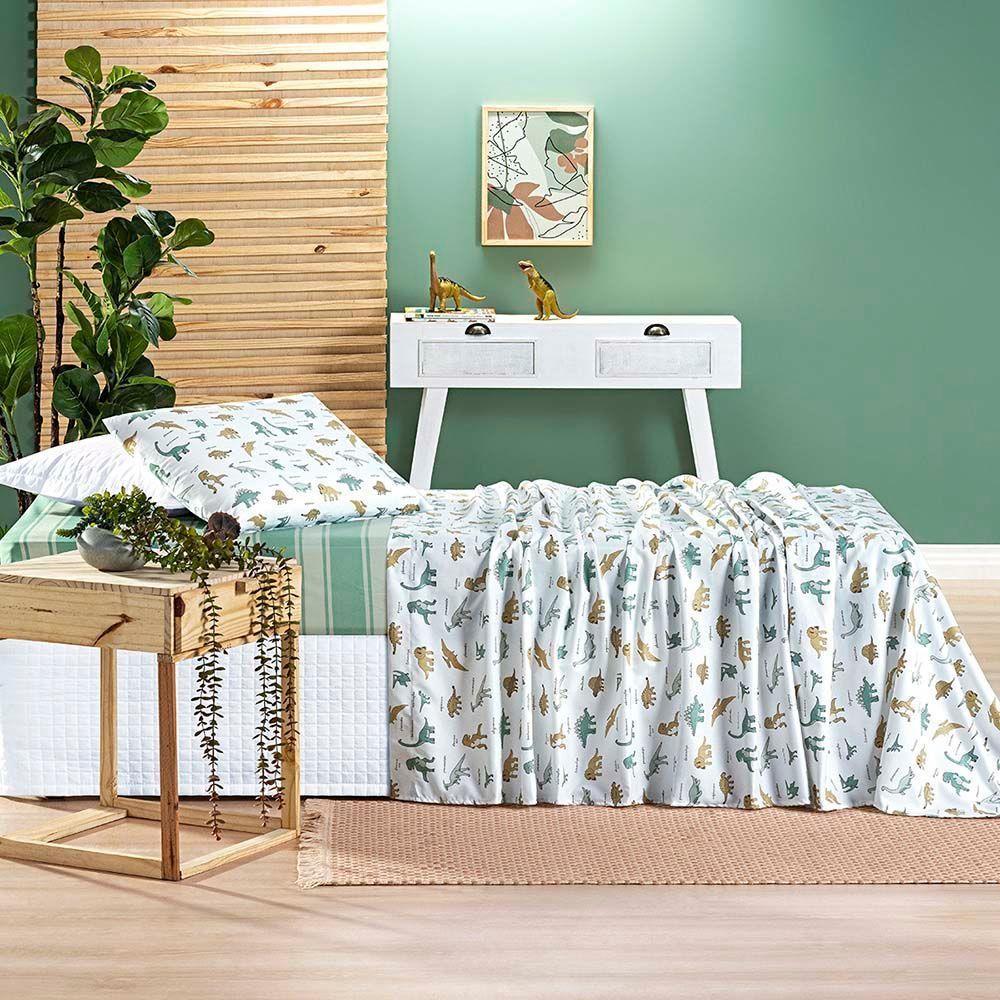 Jogo De Cama Casa Scarpa Lençol Lutti Solteiro Infantil 200 Fios Estampado 3 Peças Dinossauro Verde - 2