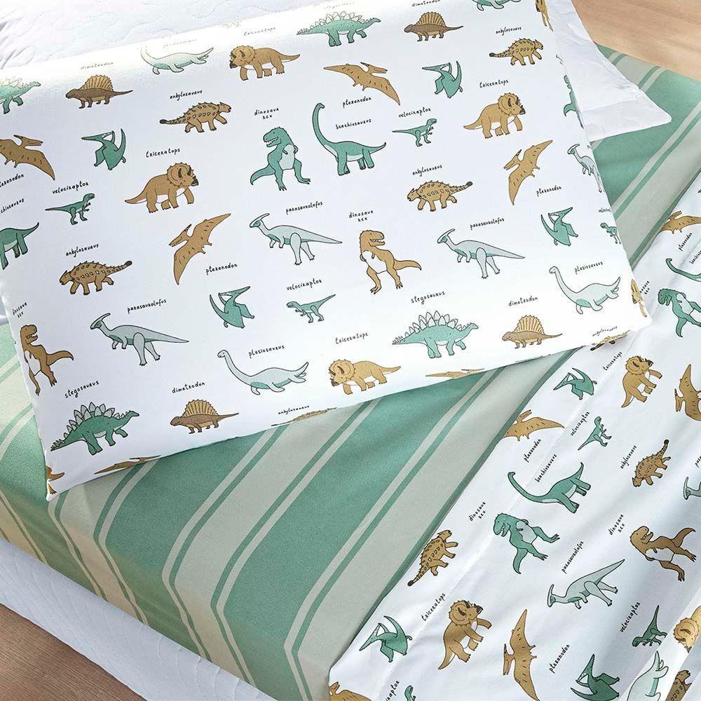 Jogo De Cama Casa Scarpa Lençol Lutti Solteiro Infantil 200 Fios Estampado 3 Peças Dinossauro Verde - 3