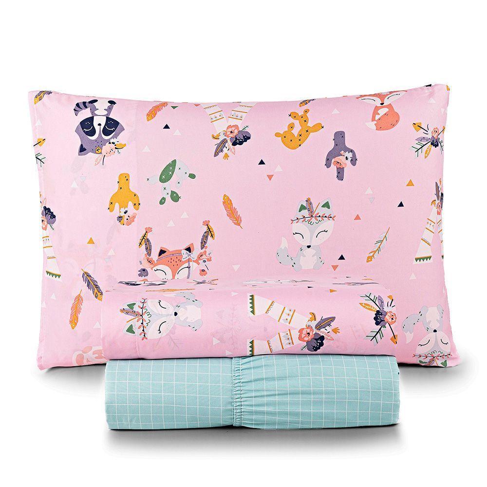 Jogo De Cama Casa Scarpa Lençol Lutti Solteiro Infantil 200 Fios Estampado 3 Peças Raposa Foxy Rosa - 1
