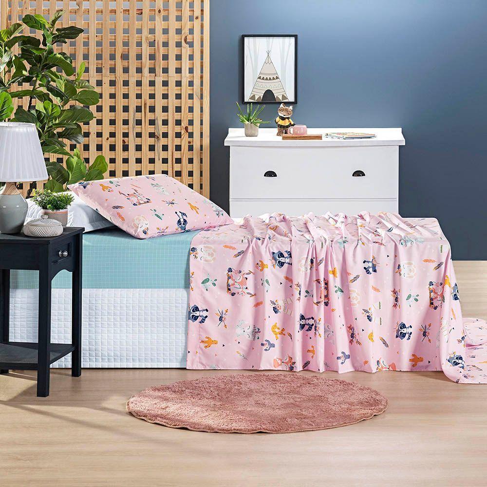Jogo De Cama Casa Scarpa Lençol Lutti Solteiro Infantil 200 Fios Estampado 3 Peças Raposa Foxy Rosa - 2
