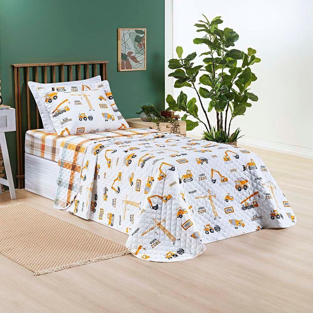 Kit Cobre Leito Colcha Solteiro Infantil Lutti Dupla Face 200 Fios 2 Peças Trator Caminhão Branco - 3