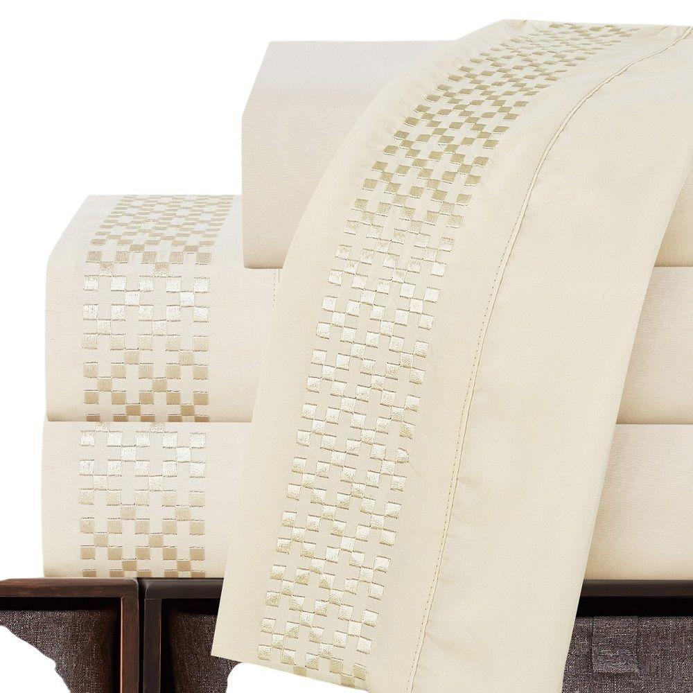 Jogo Lençol Queen Elegance Bordado 4pç 100% Poliéster - Areia - 1