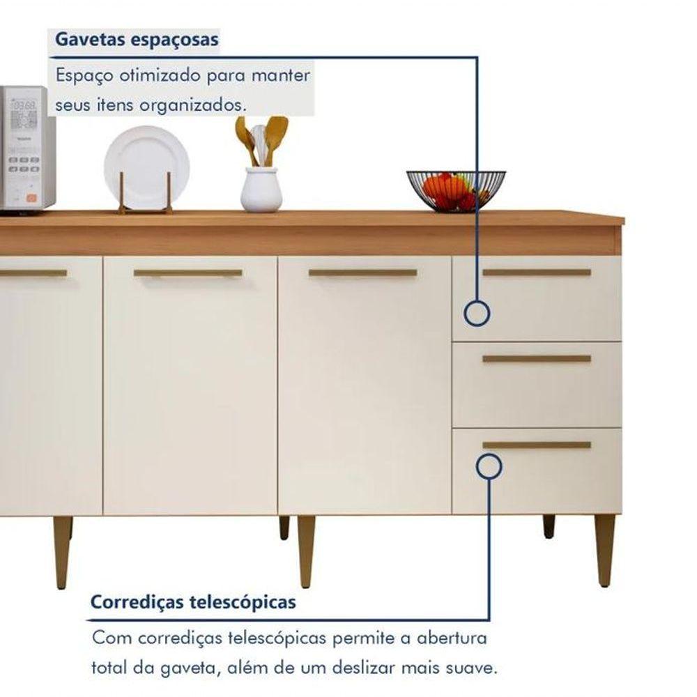 Balcão Atenas 4 Portas 3 Gavetas Kaiki Móveis - Nature-off - 4