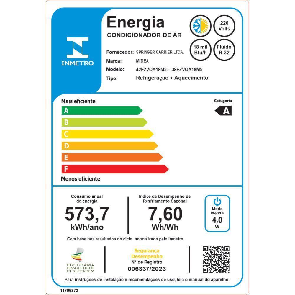 Ar Condicionado Split 18.000 BTUs Inverter AI Ecomaster Q/F Midea 42EZVQA18M5.38EZVQA18M5 220V - 8