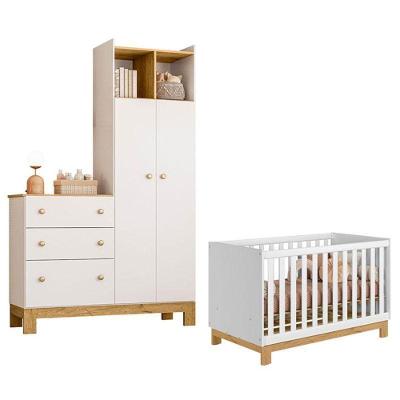 Berço Americano Mini Cama Q Encanto Slim em MDF e MDP Branco com Guarda Roupa e Cômoda