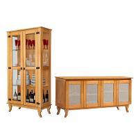 Conjunto Sala De Jantar Cristaleira De Madeira Antiga Com Buffet 4 Portas Premium Imbuia - 1