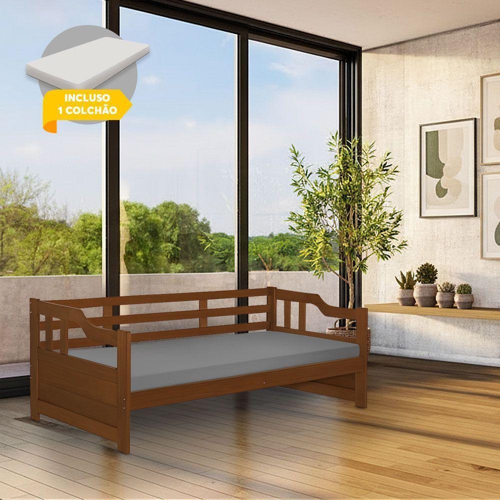 Cama Zurique Com Colchão Mona Solteiro Madeira Maciça Com Acabamento Premium Castanho - 1