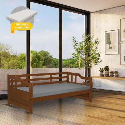 Cama Zurique Com Colchão Mona Solteiro Madeira Maciça Com Acabamento Premium Castanho